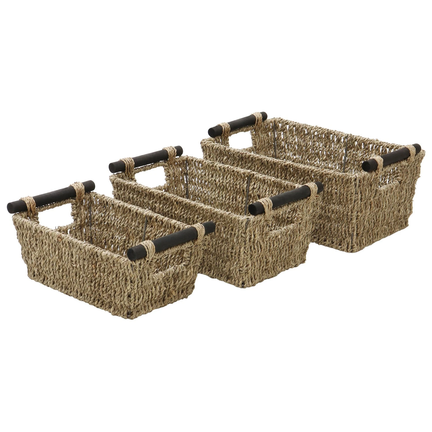 Seagrass Set Of 3 Rectangular Storage Baskets (Wood Handles) 2 Seagrass Set Of 3 Rectangular Storage Baskets (Wood Handles) - Image 2