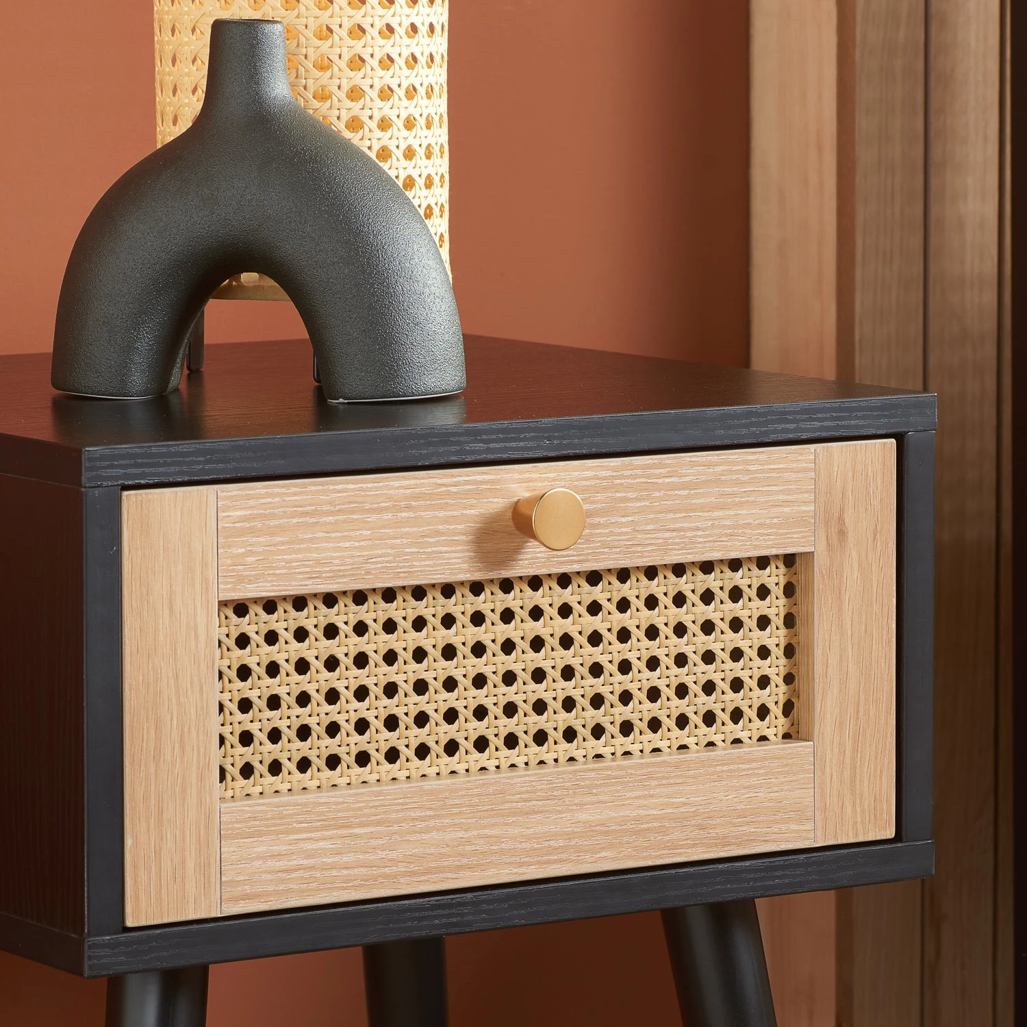 Croxley Black & Oak 1 Drawer Rattan Bedside Table 2 Croxley Black & Oak 1 Drawer Rattan Bedside Table - Image 2