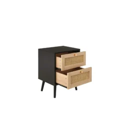 Croxley Black & Oak 2 Drawer Rattan Bedside Table -Julian Charles CROR2BSBLK Croxley2DrawerBedsideBlack AN DrawersOpen