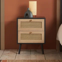 Croxley Black & Oak 2 Drawer Rattan Bedside Table