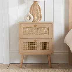 Croxley Oak 2 Drawer Rattan Bedside Table
