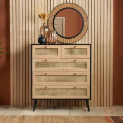 Croxley Black & Oak 5 Drawer Rattan Chest