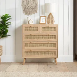 Croxley Oak 5 Drawer Rattan Chest