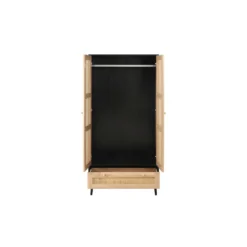 Croxley Black & Oak 2 Door 1 Drawer Rattan Wardrobe -Julian Charles CRORWD21BLK Croxley2Door1DrawerWardrobe FR DrawersOpen