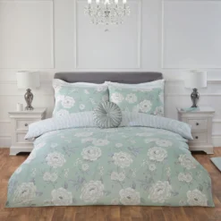 Rose Bloom Sage Green Reversible Duvet Set