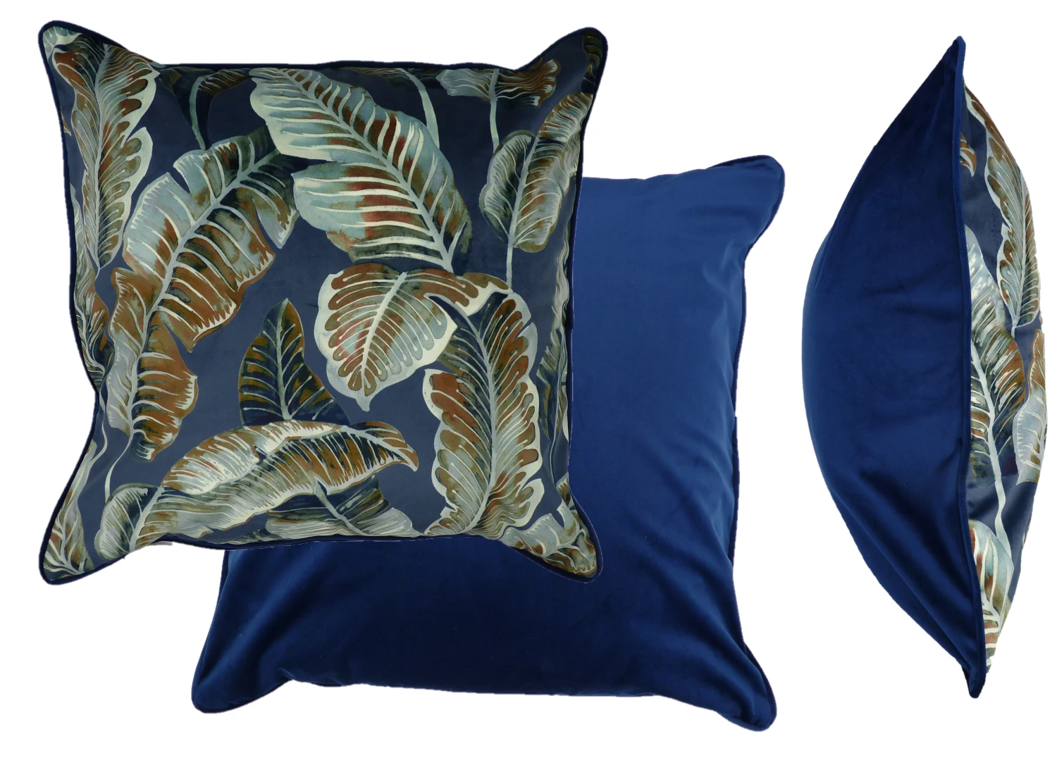 Nikabar Indigo Tropical Leaf Velvet Cushion (60cm X 60cm) 2 Nikabar Indigo Tropical Leaf Velvet Cushion (60cm X 60cm) - Image 2