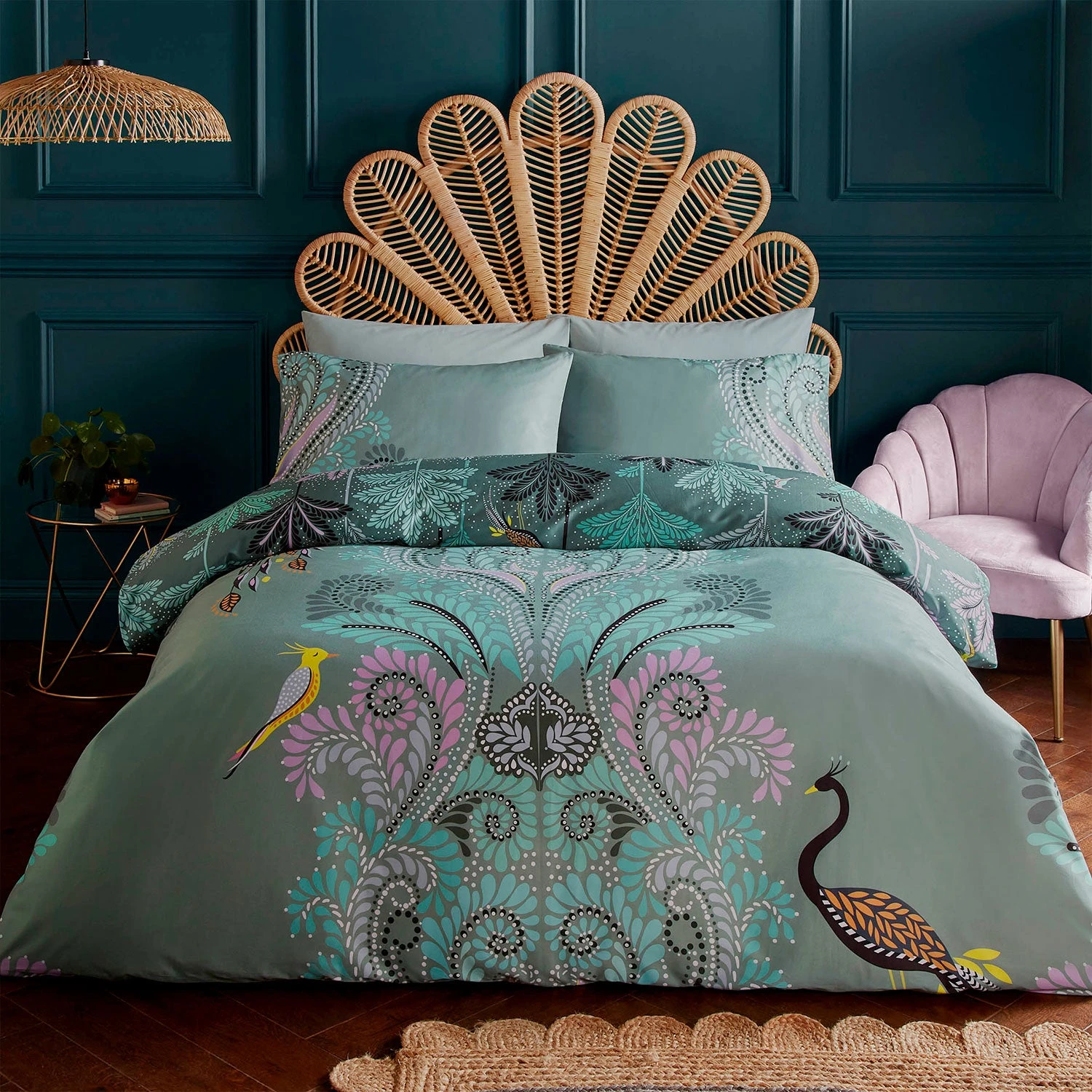 Sara Miller Peacock Filigree Dark Sage Cotton Duvet Set 1 Sara Miller Peacock Filigree Dark Sage Cotton Duvet Set
