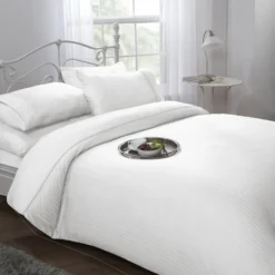 White Ritz 300 Thread Count 100% Cotton Satin Stripe Duvet Set
