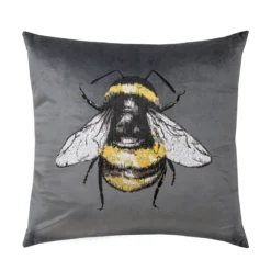 Charcoal Grey Velvet Bumblebee Embroidered Cushion (43cm X 43cm)