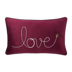 Claret Red Velvet Love Slogan Embroidered Bee Cushion (30cm X 50cm)